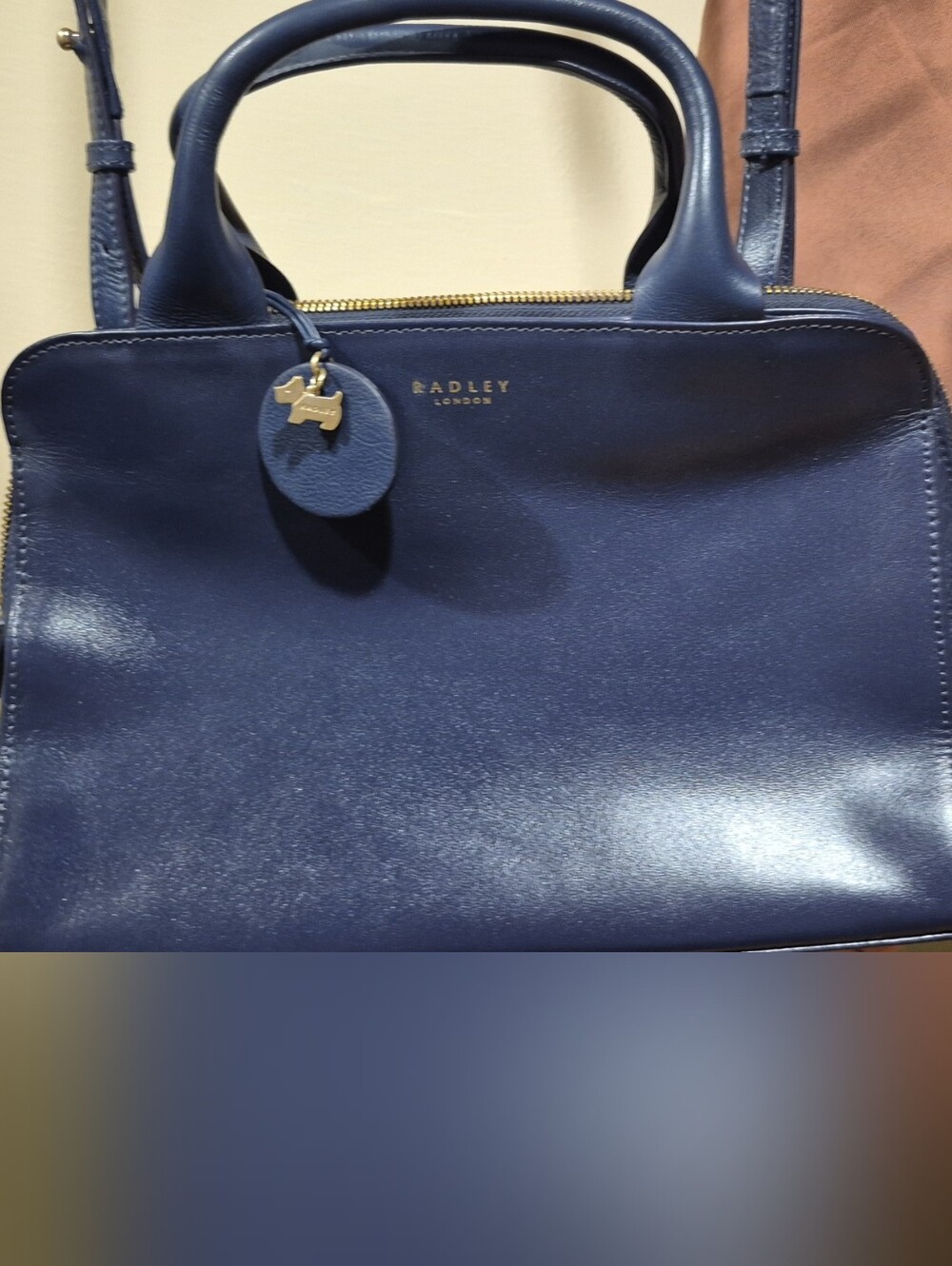 RADLEY LONDON Navy Leather Zip-Top Tote with Charm